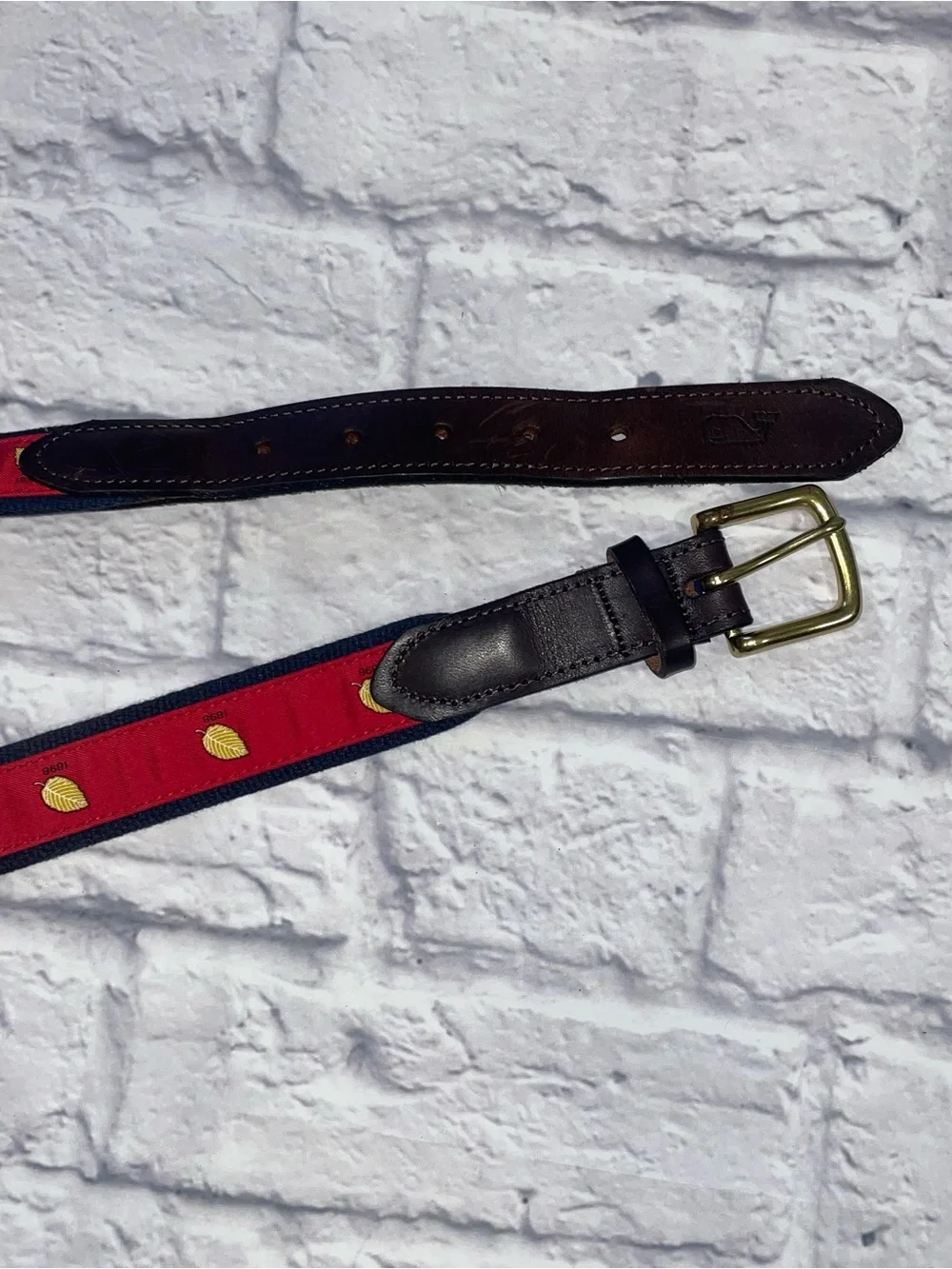 Vineyard Vines Red and Navy Embroidered Leaf Belt